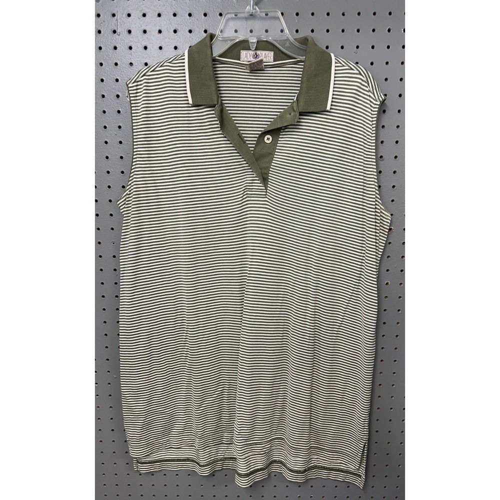 Vintage Lady Player Womens L Sleeveless Collar Top Grn Stripe Golf Old Money‎